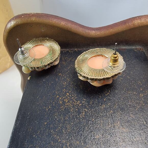 Peach Rose Stud Earrings with Pearl Border, Vintage Floral Statement Jewelry - Picture 7 of 10